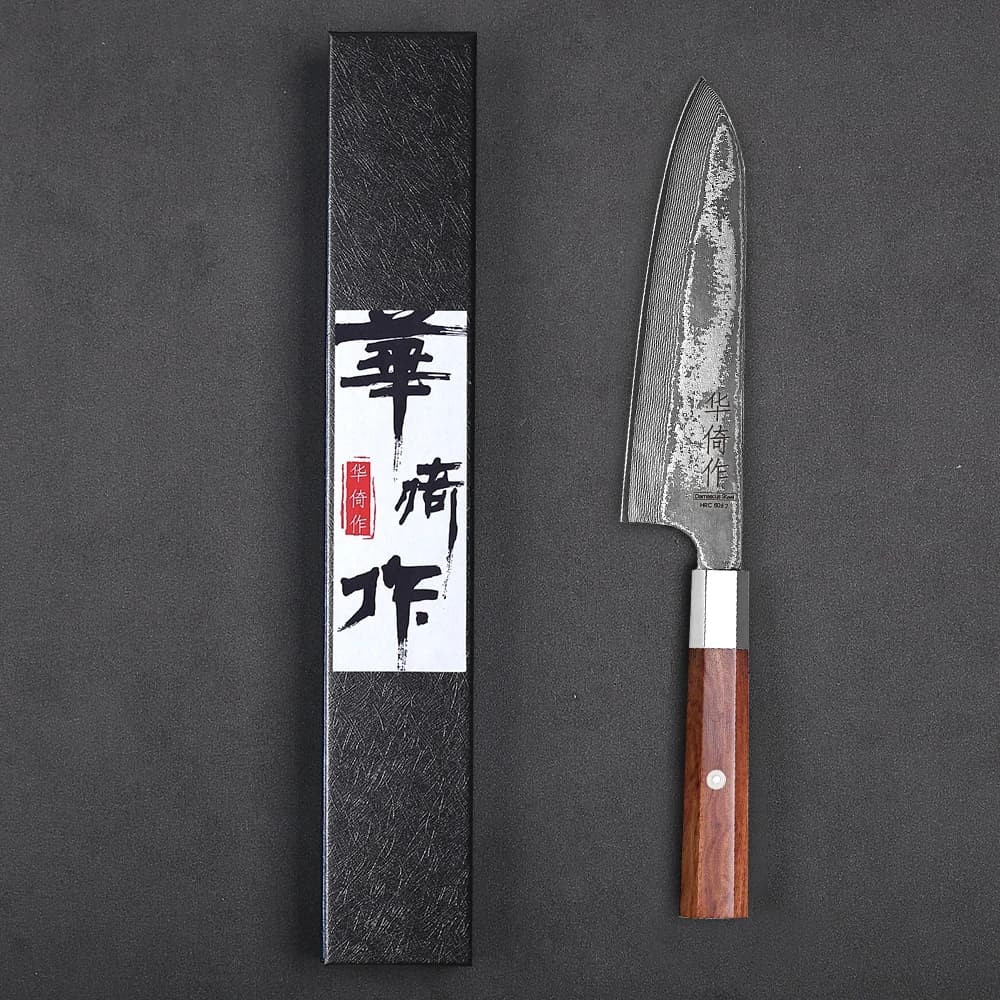 Japanese Santoku knife from 7 Poles, 67 Roads in Steel Damascus, Sharp Chef knife, Forged in Hand, Kitchen tool