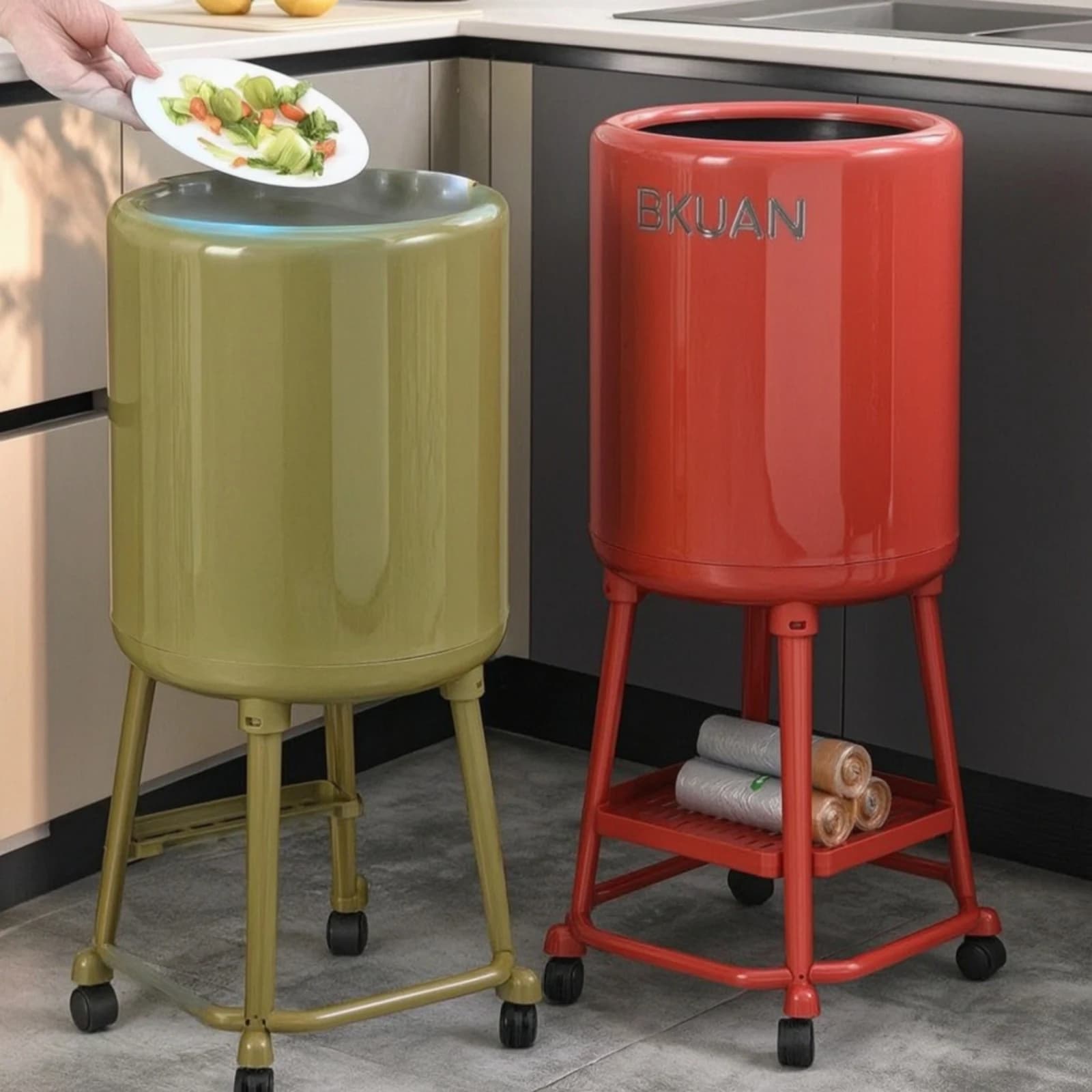 Rolling Bin with Shelf Mobile Trash Can with Wheels Wastebasket Tall Slim for Seniors, Kitchen, Office