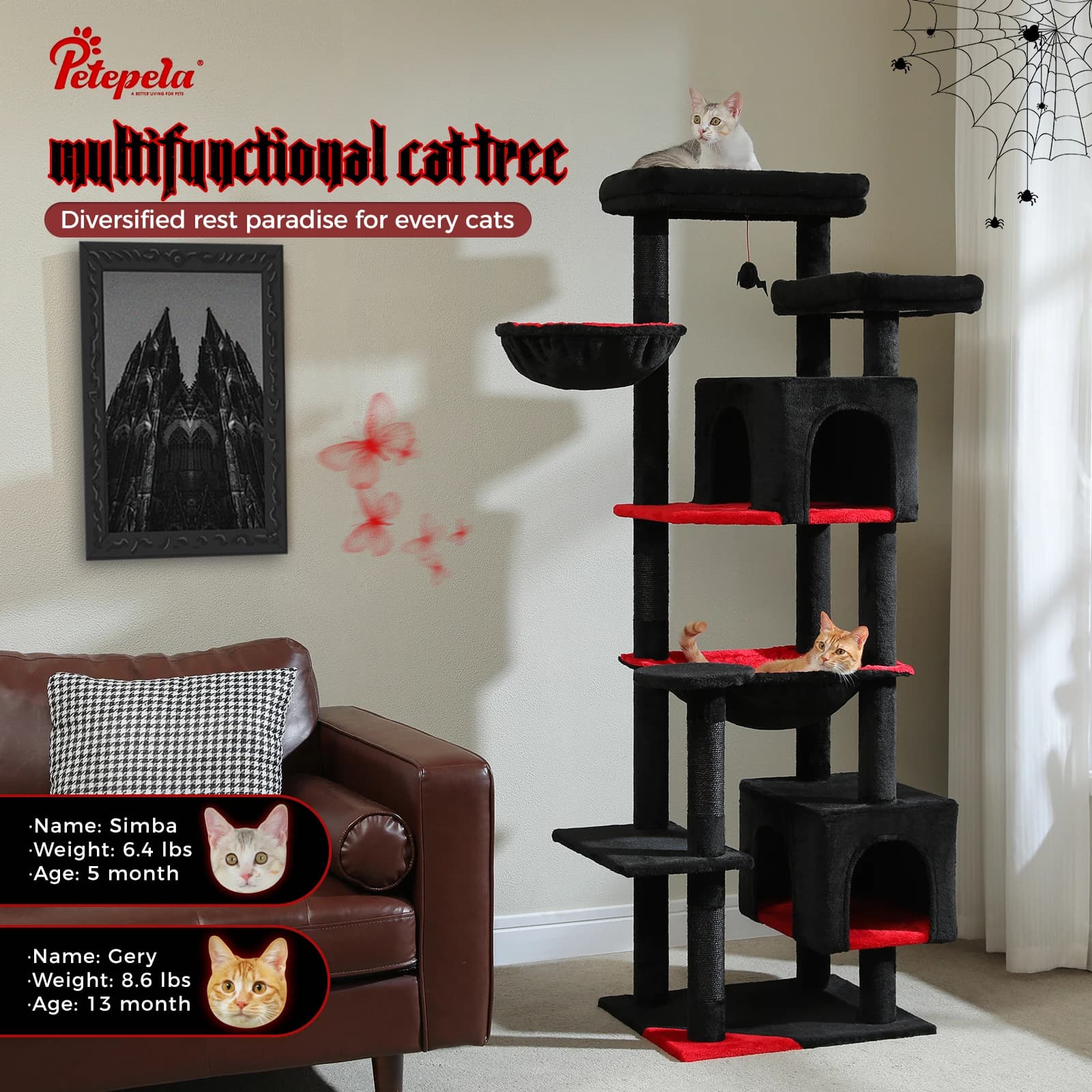 Albero per gatti alto per gatti da interni Torre per gatti grandi con amaca super grande Albero da arrampicata per gatti con tiragraffi Condo House Nero