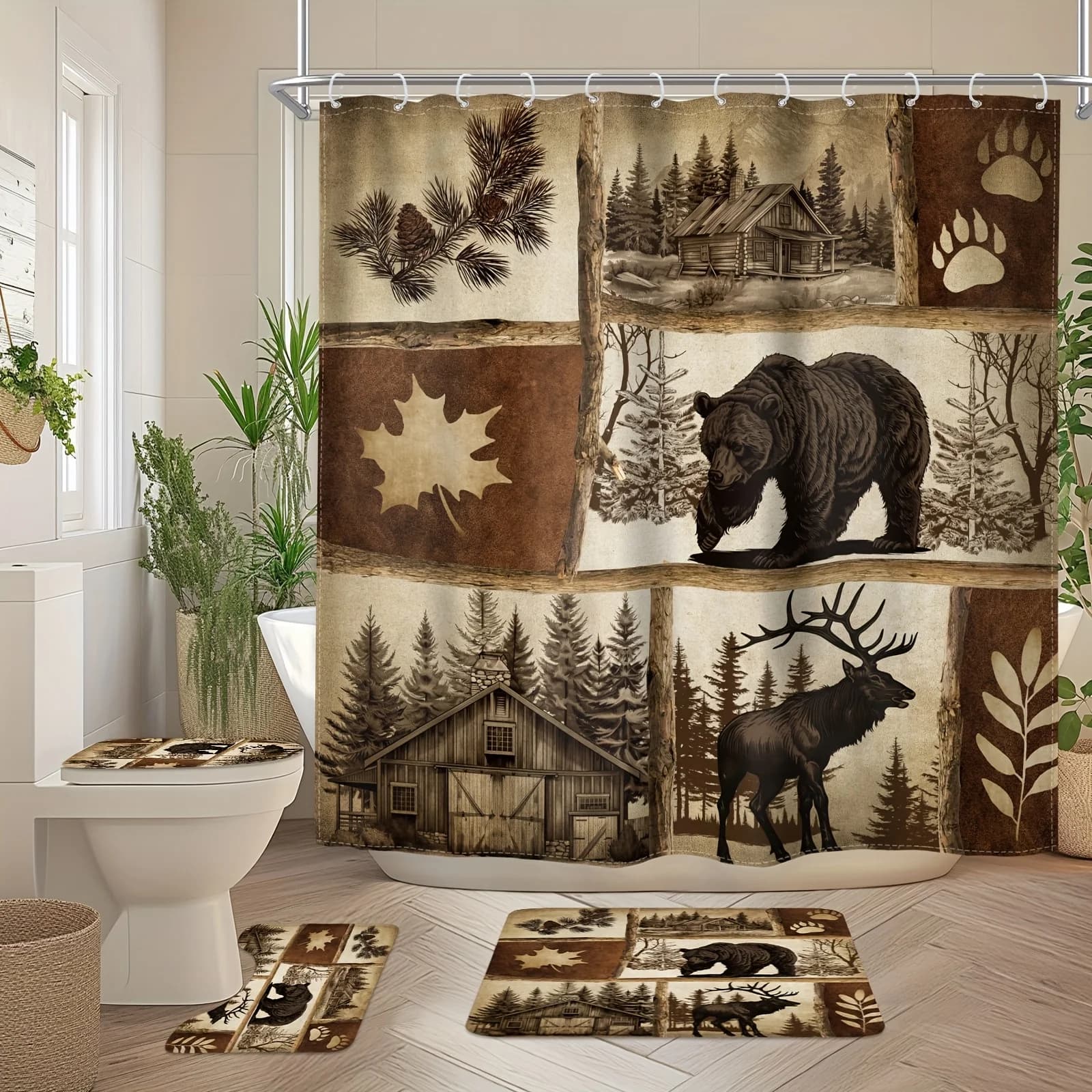 Set di 1/4 Pezzi - Tenda da Doccia a Tema Orso, Include Tenda Impermeabile con 12 Ganci in Plastica, Tappetino Antiscivolo per Bagno, WC