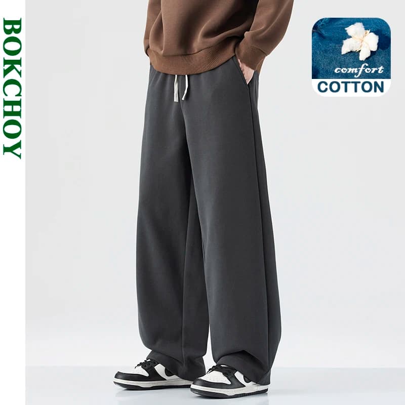 2025 Autunno Nuovo Casual Pantaloni Dritti in Morbido Cotone tinto in Filo per Gli Uomini Abbigliamento Coulisse Allentato Colore Solido Versatile LX5028