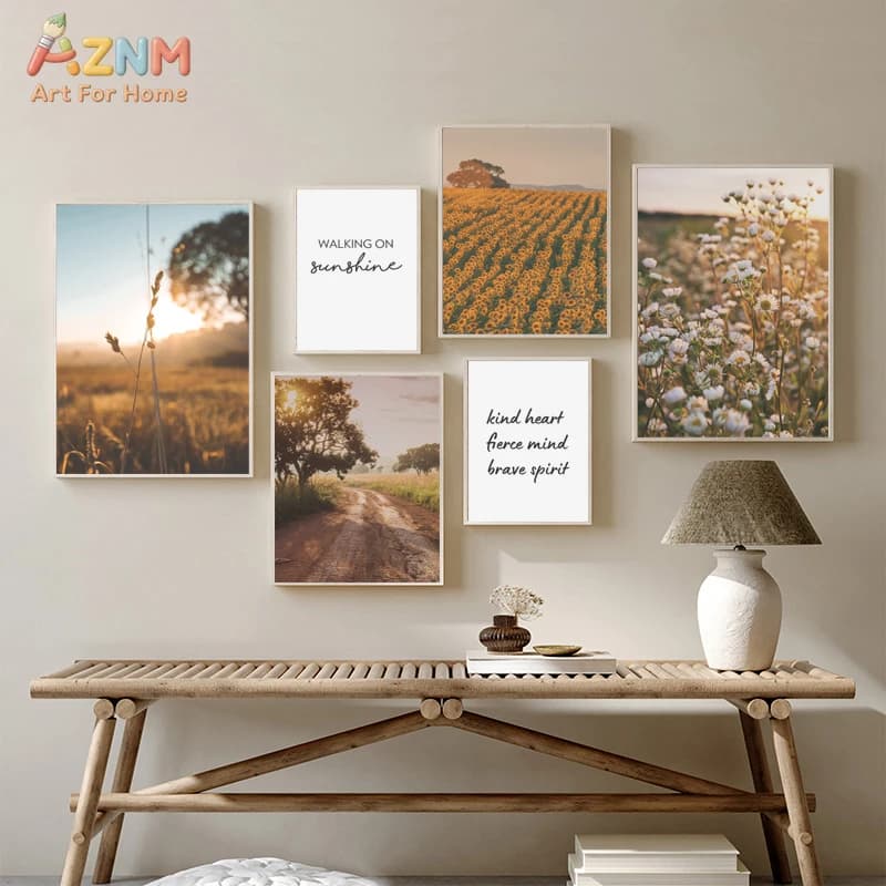 AZNM Golden Hour Stampa artistica su tela con paesaggio campagnolo e campo di girasoli, decorazione con citazione ispiratrice, senza cornice