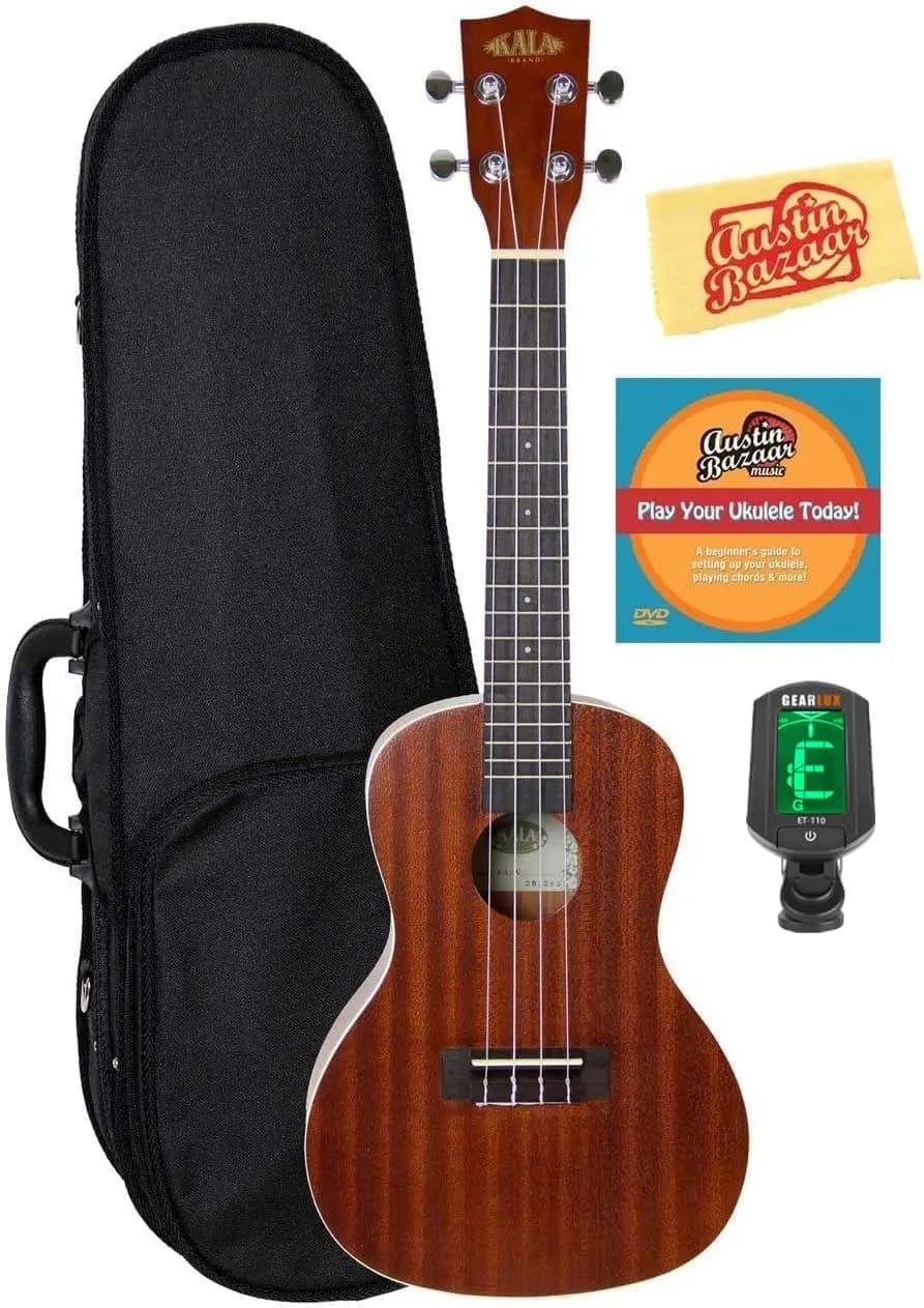 Concert Ukulele Mahogany Bundle with Hard Shell Case, Clip-On Chromatic Tuner, Instructional DVD, and Cleaning Cloth