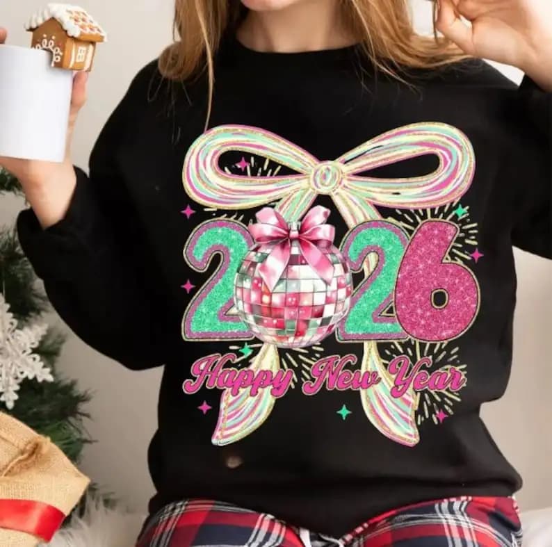 Coquette Happy Glitter New Chapter Brushstroke New Year Disco Ball Sweatshirt Hand Drawn Hello 2026 Thermal Hoodie Pullover