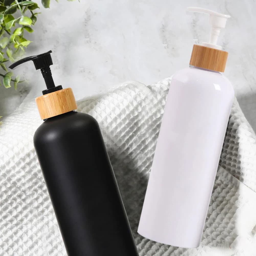 1PC 500ML Bamboo Plastic Pump Dispenser Bathroom PET Dish Soap Bottle Lotion Refillable Shower Gel Liquid Frosted Container