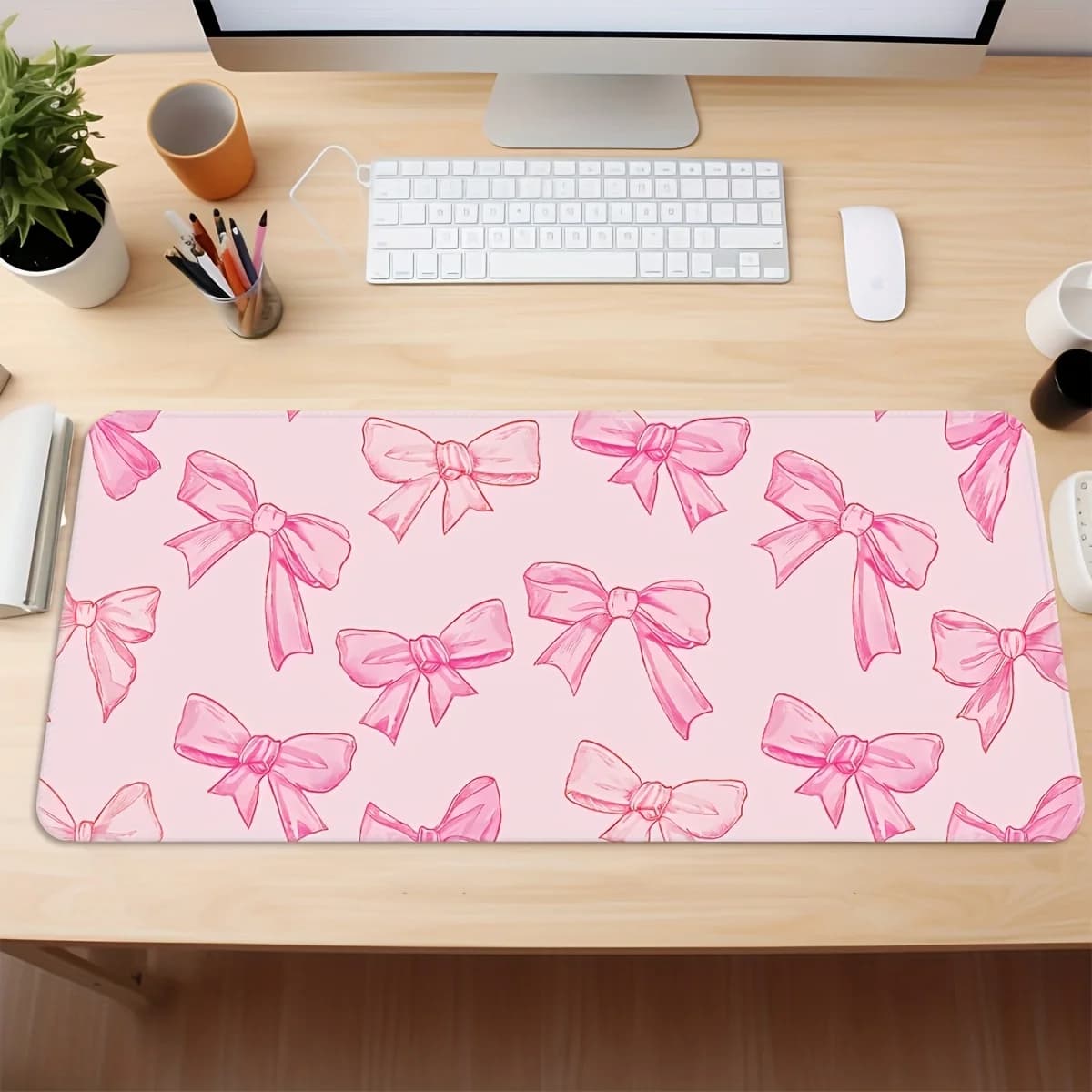 Tappetino per Mouse Grande con Design a Fiocco Rosa, Base in Gomma Spessa Antiscivolo per Desktop e Gaming
