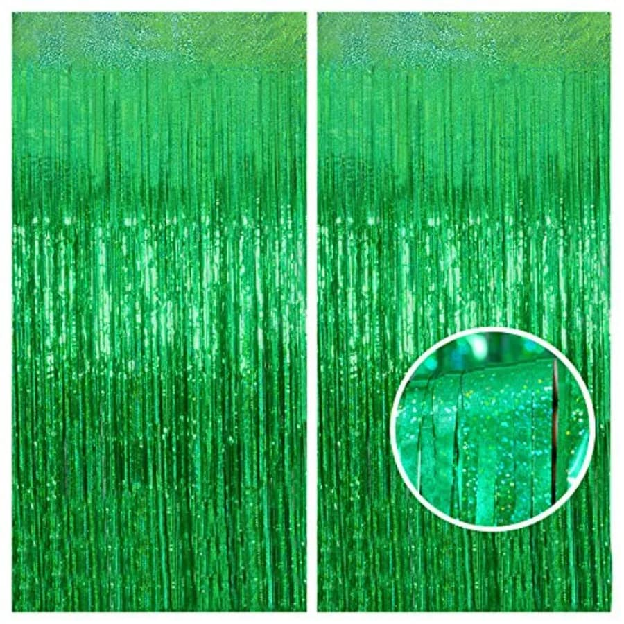 Green Tinsel Curtain Backdrop for Masters Golf Party Decorations 3.2 ft x 8 ft Metallic Foil Fringe Curtains for Irish Party, J
