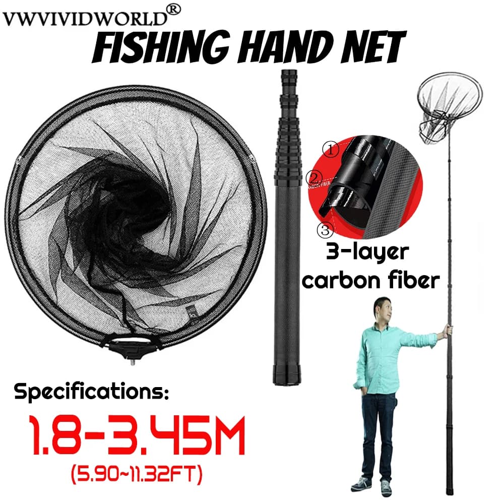 VWVIVIDWORLD Marca, 1,8-3,45 m, rete da pesca portatile in carbonio, terreno da pesca, rete a mano, canna telescopica pieghevole pieghevole, canna da pesca