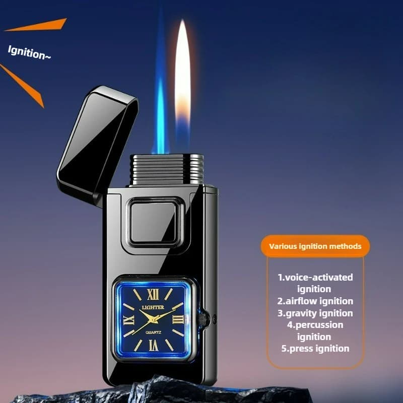 True Watch Accensione a comando vocale Accendino a gas butano doppio fuoco Finestra a gas visiva Carica a fiamma aperta Accendino elettrico a fiamma a getto