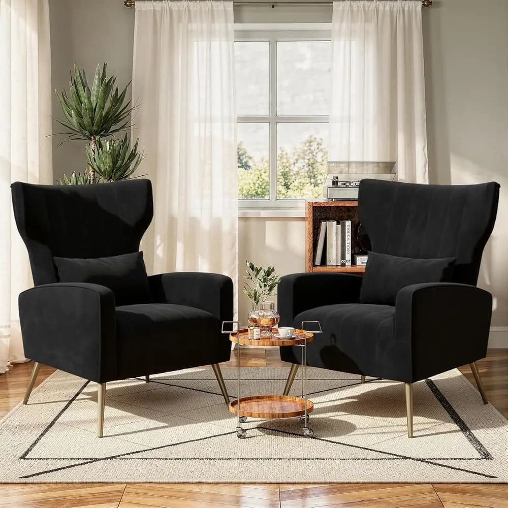 Set di 2 Poltrone in Velluto Nero, Poltrona Wingback per Soggiorno, Poltrona con Schienale Alto e Braccioli, con Gambe e Cuscino Lombare, Imbottita
