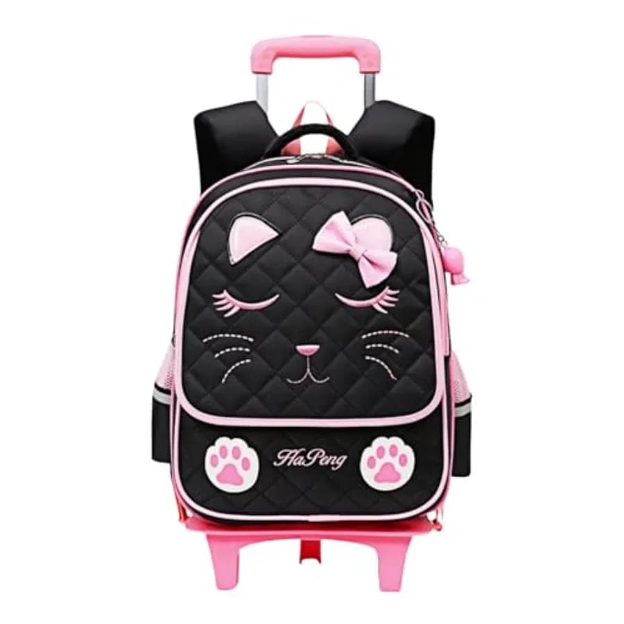 Zaino Trolley Carino per Ragazze, Borse Scolastiche con Ruote a Forma di Gatto e Fiocco, Zaini con Ruote per Ragazze, Bagaglio a Mano da Viaggio
