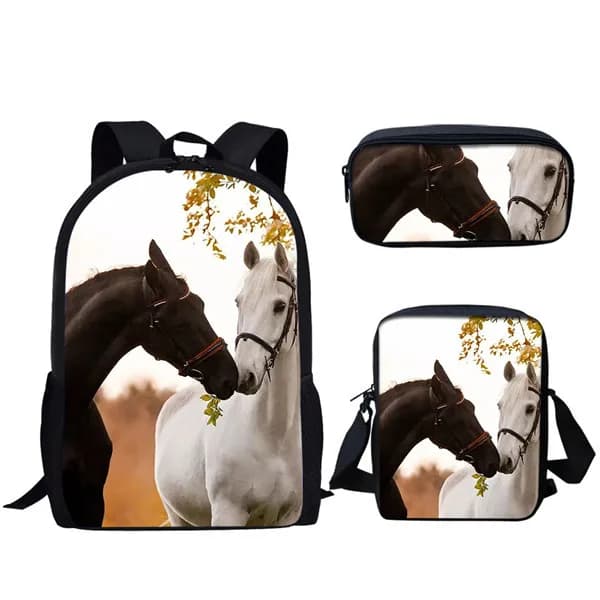 Zaini Harajuku Youthful Horse, borse con stampa 3D, 3 pezzi/set, borse da viaggio per studenti, zaino per laptop, borsa a tracolla, astuccio per matite