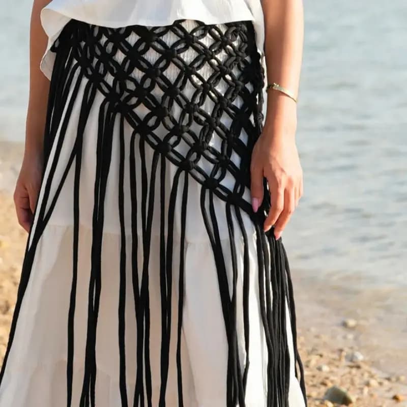 Cintura Decorativa in Rete Intrecciata a Mano Stile Bohemien con Nappe, Accessorio per Bikini, Copricostume, Gonna