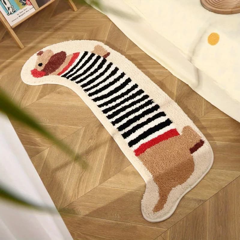 VIKAMA Tappeto a righe con simpatico cane Bassotto, tappeto irregolare per soggiorno, camera da letto, comodo e morbido poggiapiedi
