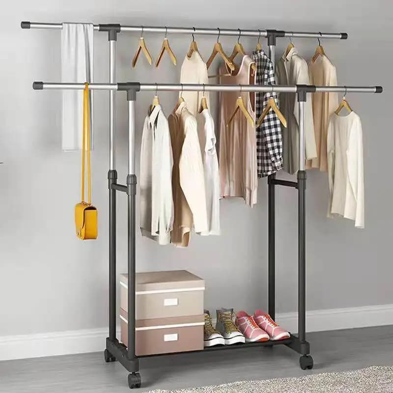 Indoor Balcony Stainless Steel Floor-Mounted Retractable Single Rod Clothes Drying Rack Simple Folding Clothes Hanger