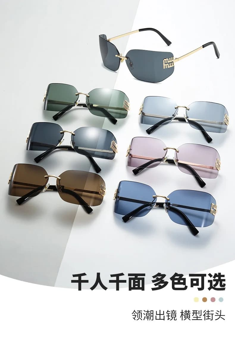 Occhiali da Sole da Donna di Lusso Senza Montatura, Design Funky in Metallo, Lenti Sfumate Rettangolari, Rivetti di Marca, Montatura Curva