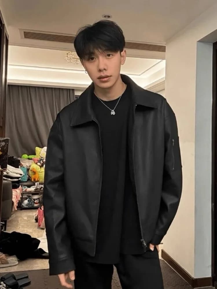 Black PU Leather Jacket Men's Spring Autumn Cleanfit High-End Style Cool Motorcycle Collar Jacket Youth Fashion Outerwear
