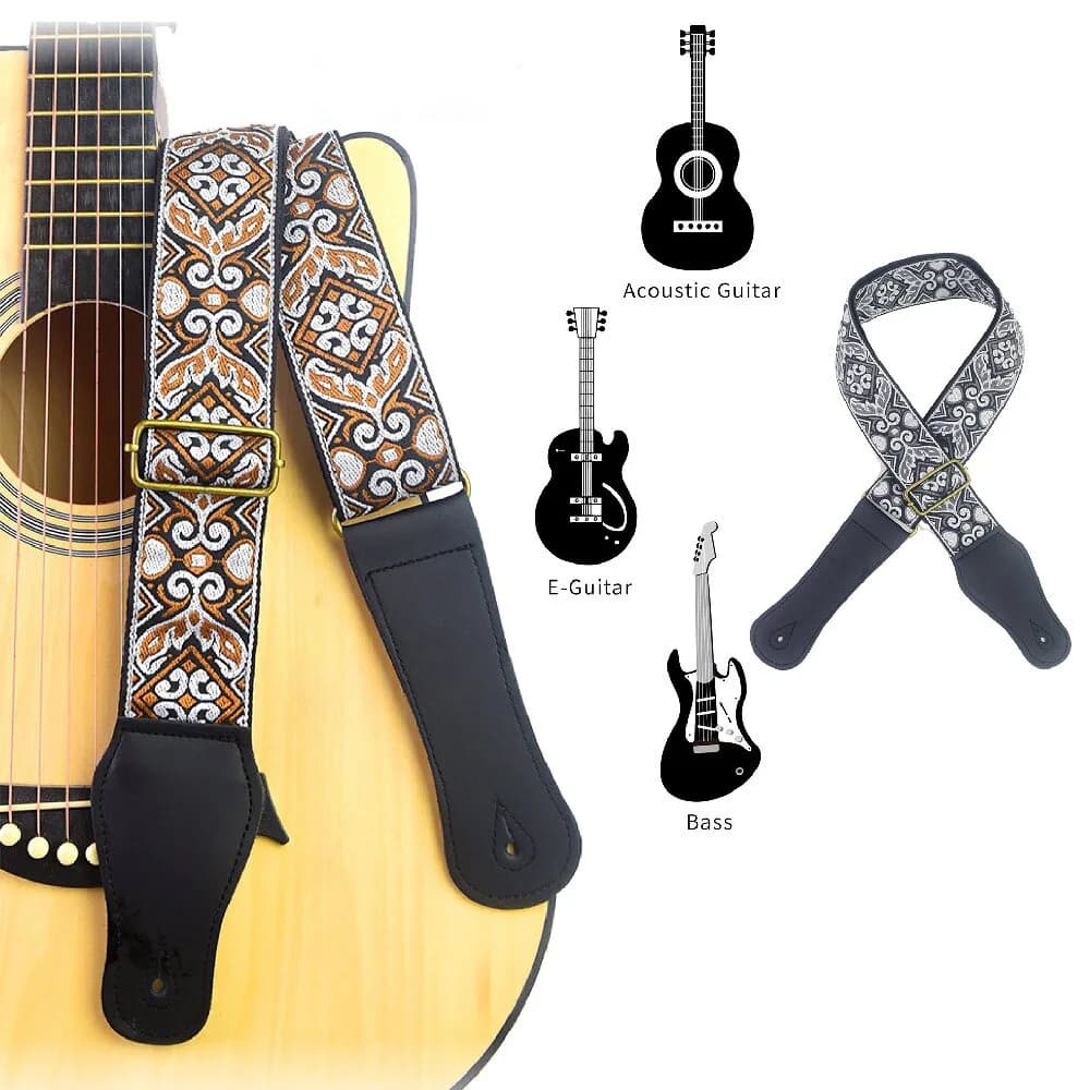 Tracolla per Chitarra Ricamata Stile Etnico Regolabile per Chitarra Folk, Elettrica, Basso, Ukulele - Accessori per Chitarra