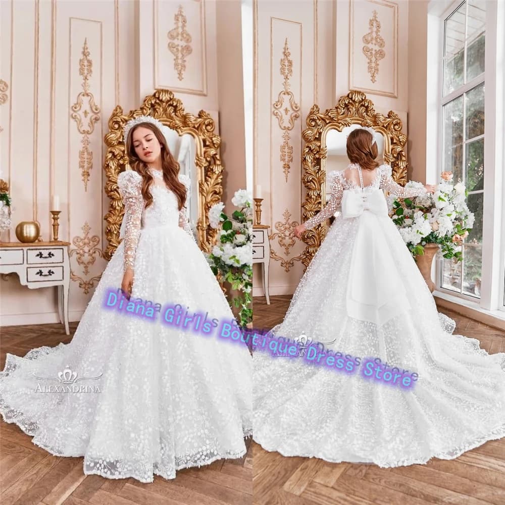 Abito da ragazza di fiore bianco di lusso in tulle con paillettes gonfie applique per abiti da sposa per bambini compleanno prima comunione abito da ballo principessa