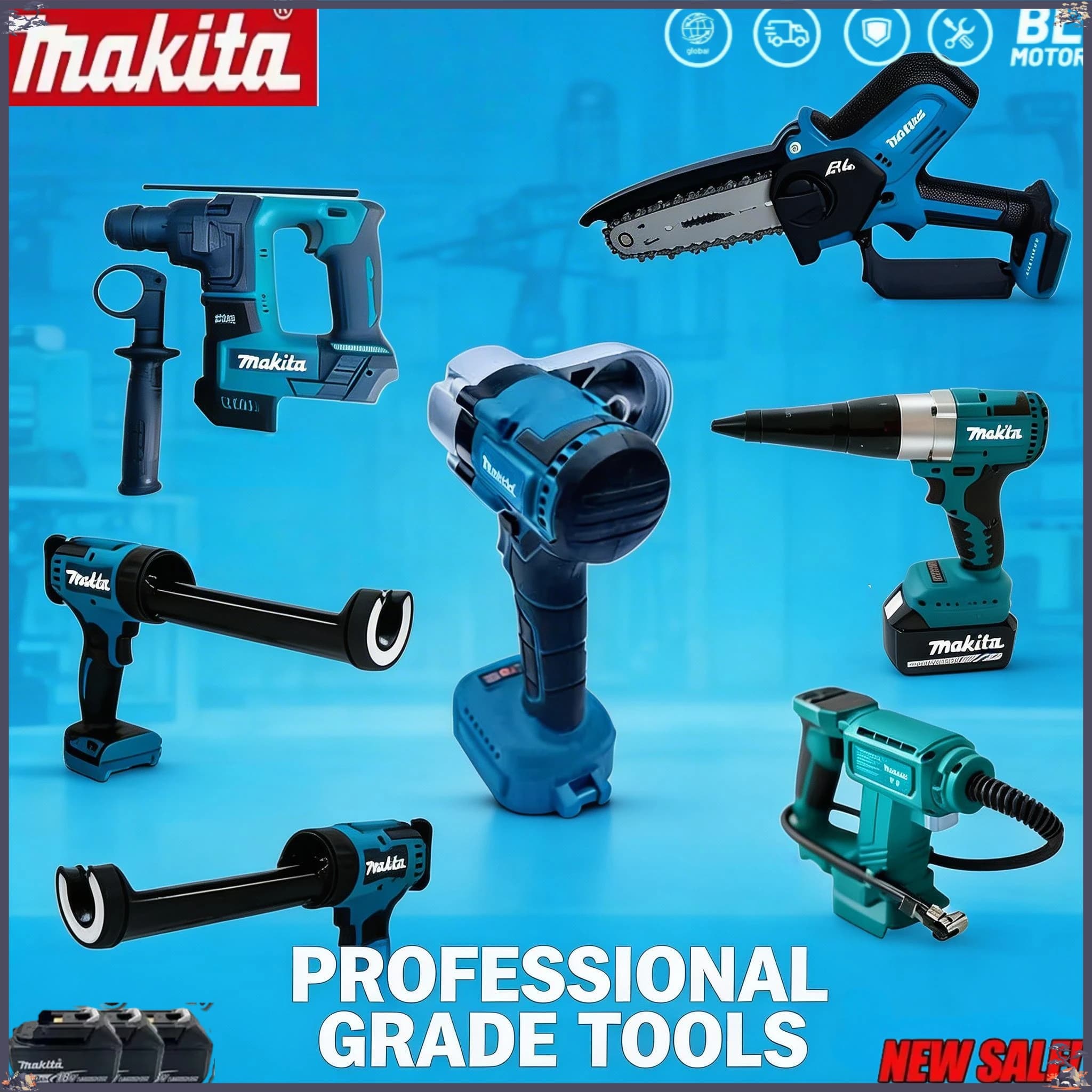 Kit Combo di Utensili Elettrici Brushless Makita: Motosega, Smerigliatrice, Ingrassatore, Gonfiatore, Pistola Termica, Pistola per Sigillante