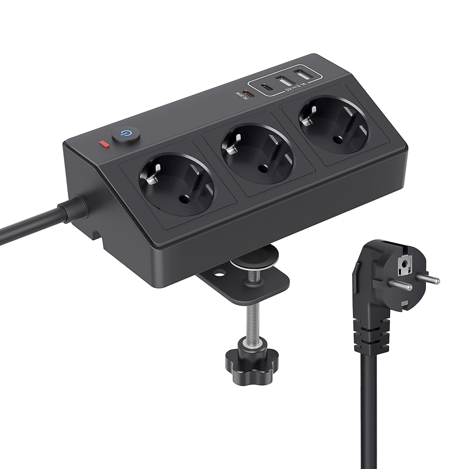 USB-C PD 20W desktop socket with 3 sockets and 4 USB ports, 2 meter cable for home offices