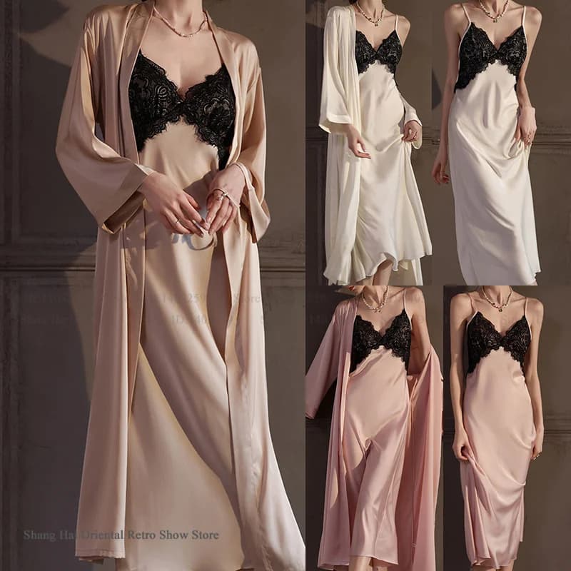New Women's Summer Set: Night and Watch Shirt, Sexy Homewear with Lace Inserts, Larga Casual Ice Silk, Home Dress