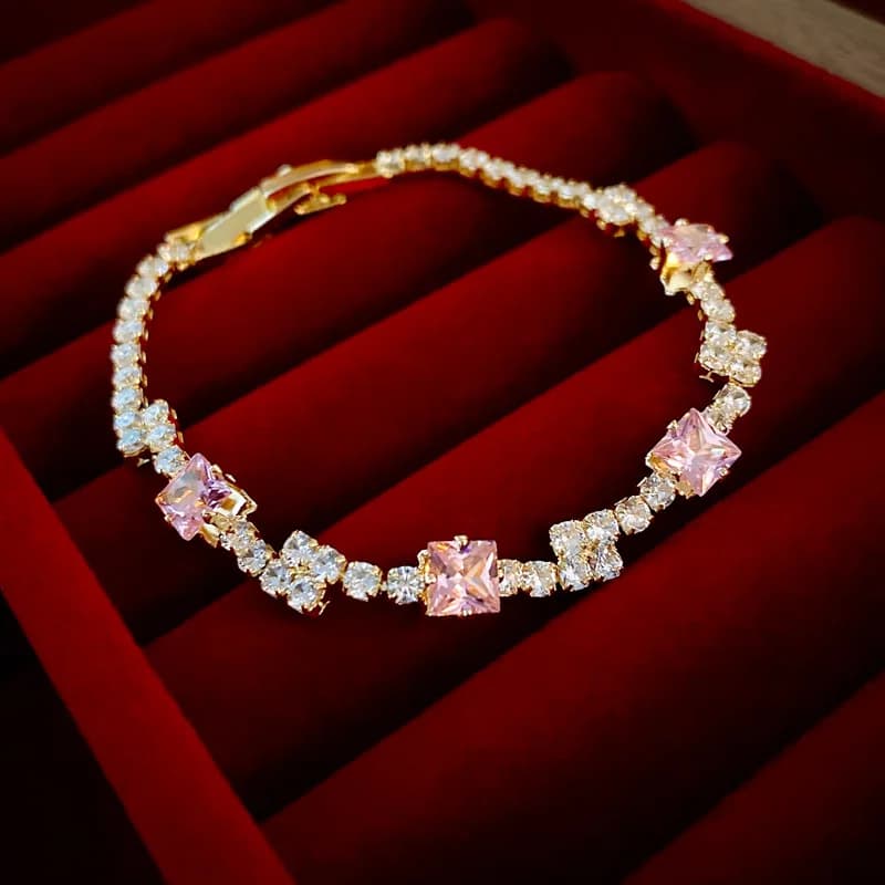 Delicate Pink Diamond Bracelet With Princess Cut Crystals And Clear Zircon Accents For Dainty Romantic And Bridal Inspired Looks