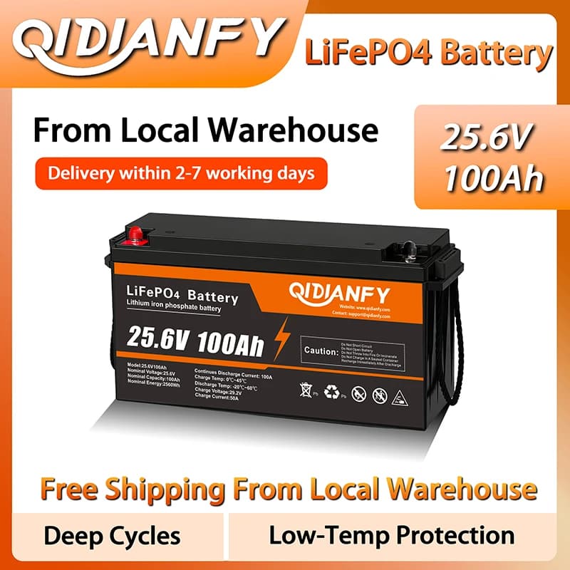 Batteria LiFePO4 Qidianfy 24V 100Ah con BMS 100A, Uscita di Potenza 2560Wh, 15000 Cicli per Sistemi Solari RV, Campeggio, Pesca, Alimentazione di Backup