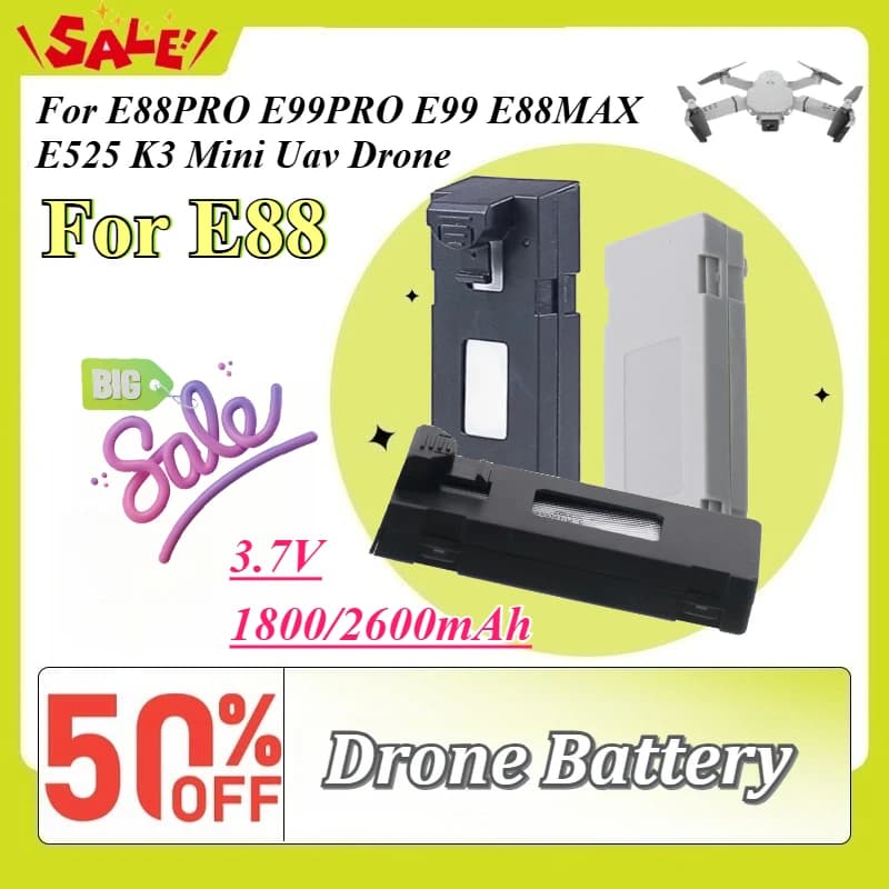 Batteria di Ricambio 3.7V 1800/2600mAh per Droni E88 E88PRO E99PRO E99 E88MAX E525 K3 Mini UAV, Accessorio per Drone 4K