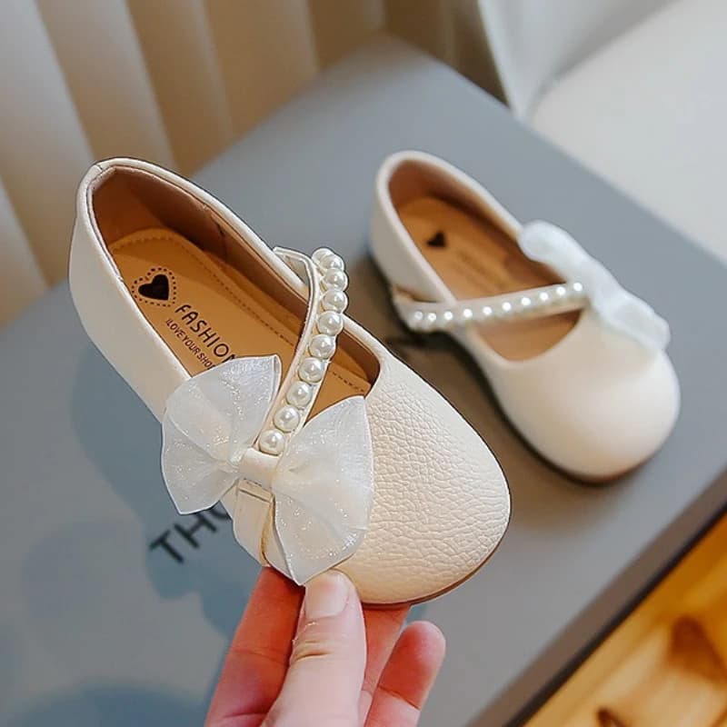 New Girl Princess Leather Shoes Chic Versatile Soft Elegant Fashion Lace Bowknot Beading Kid Loafers Wedding Slip-on Mary Janes