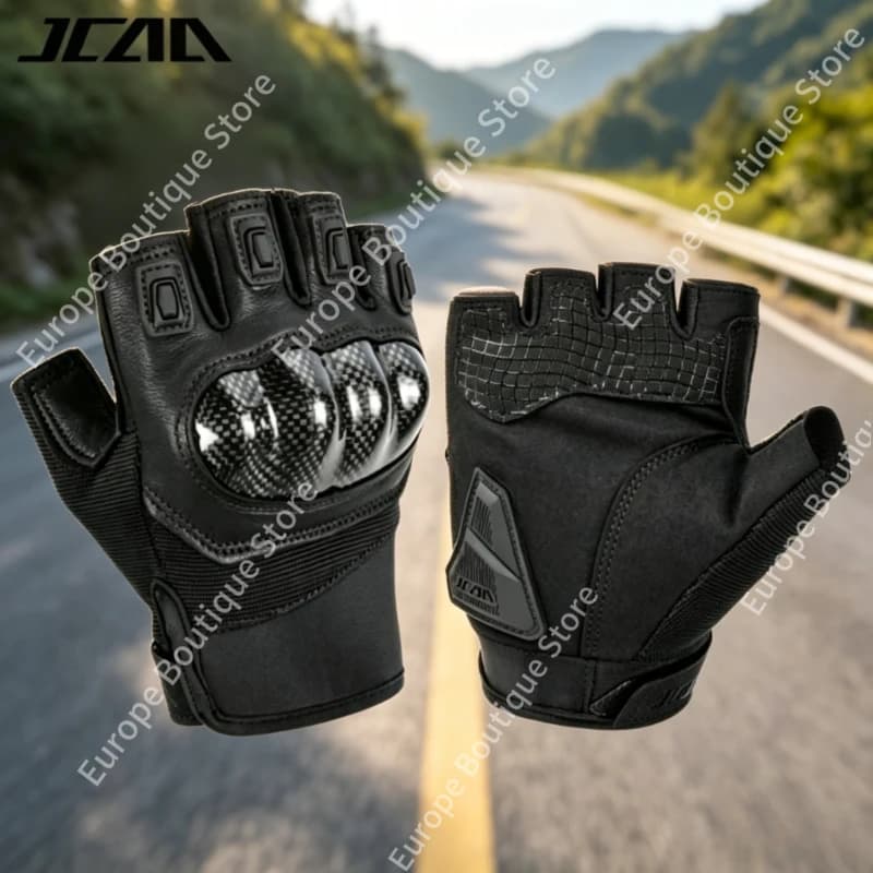 Guanti da moto estivi 2026 nuovi, mezze dita, in vera pelle traspirante, con scocca in fibra di carbonio, corti, anti-caduta, per uomo