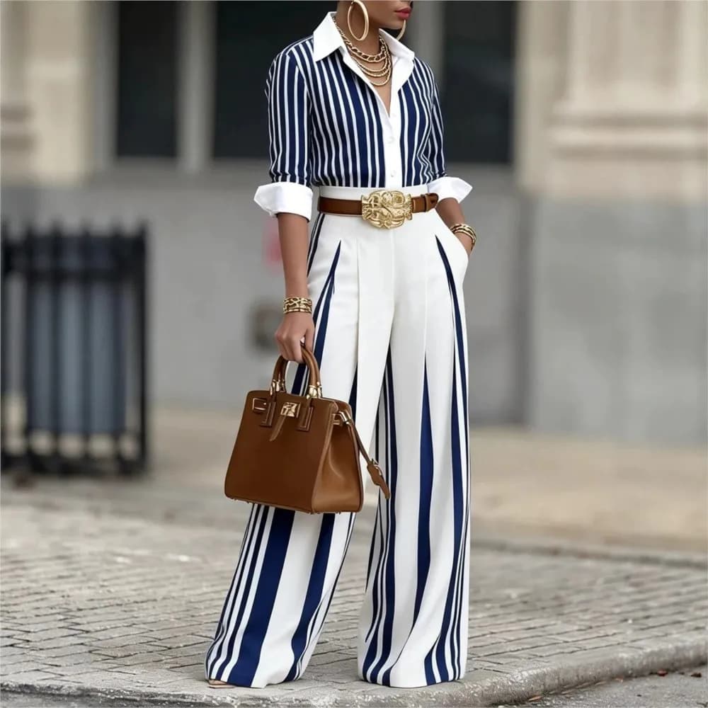 Completo da donna primaverile/autunnale con camicia a maniche lunghe a righe stampata e pantaloni a gamba larga con tasche, set da ufficio 2 pezzi con cintura inclusa
