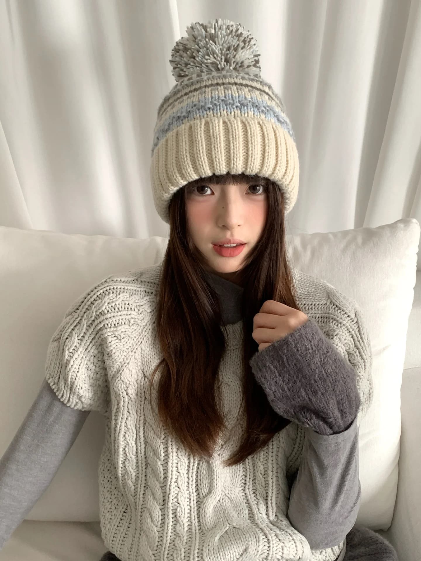 Fair Isle Felted Wool Ball Lace Up Hat; Women's Thickened Ear-covering Winter Hat Warm And Cold-Proof Headband