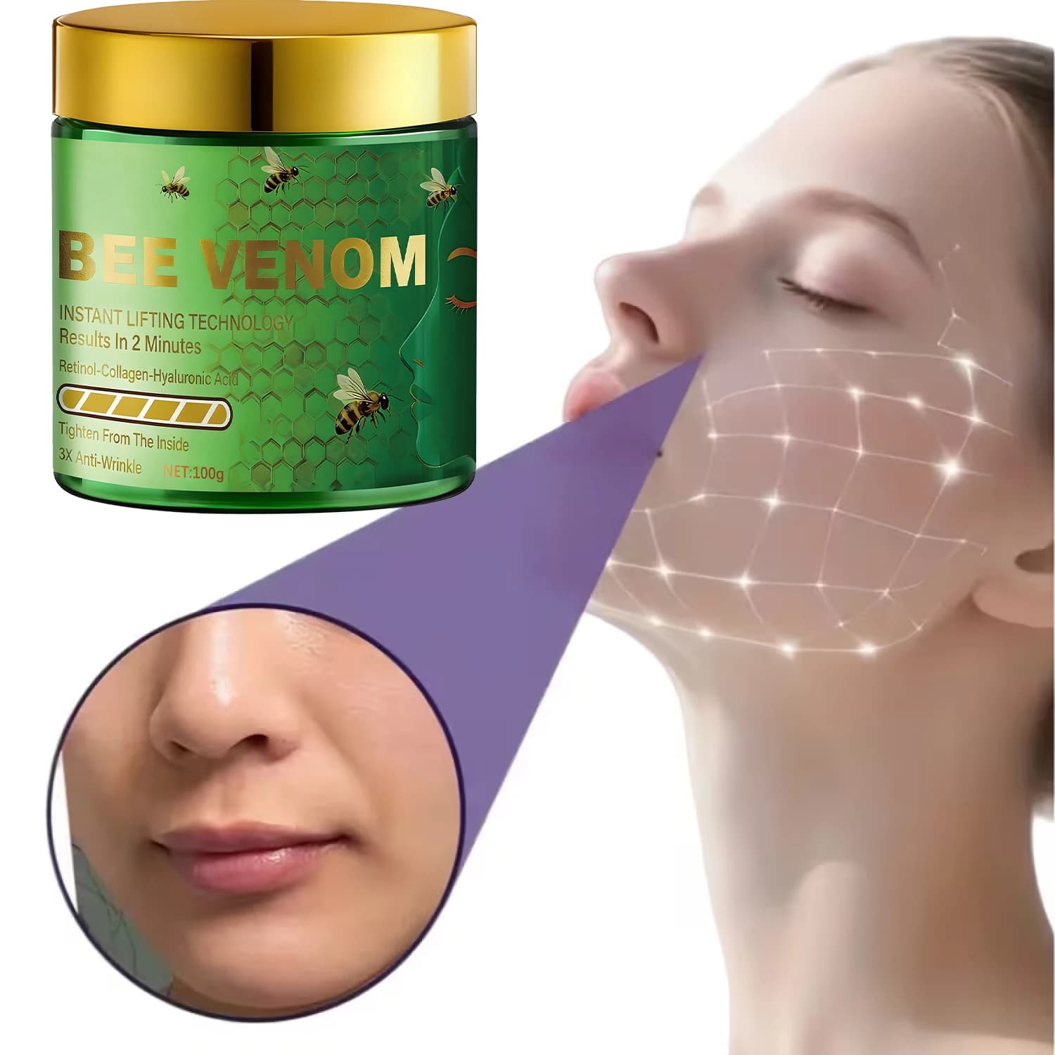 Crema lifting istantanea Bee Venom - 3X Risultati antirughe e rassodanti in 2 minuti con retinolo e collagene.