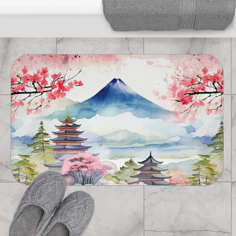 ​ ​ Tappetino da bagno giapponese Sakura – Tappetino da doccia in microfibra Mt Fuji & Temple Landscape, regalo di ispirazione al Giappone per le donne ​