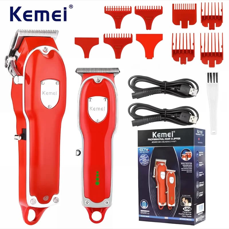 Kemei KM-3911 Set of two pieces for new men's haircuts with LED display, metal haircut, USB charging, electric hair clip