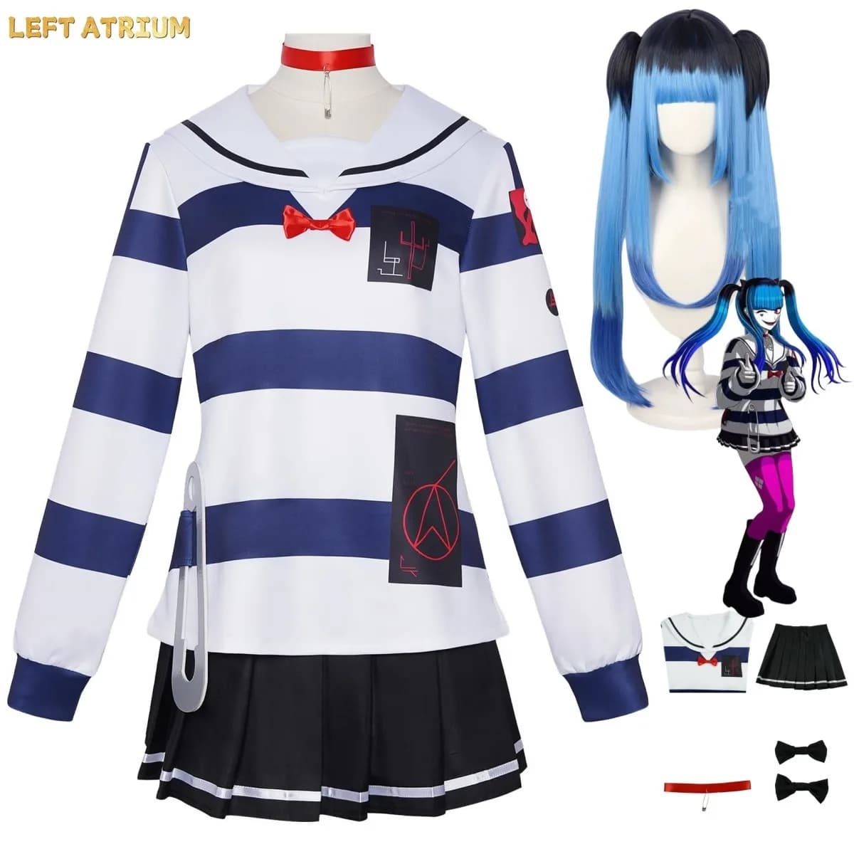 Costume Cosplay Amemiya Darumi del Gioco The Hundred Line - Last Defense Academy, Top a Righe, Gonna JK, Parrucca, Completo Sexy da Donna per Halloween