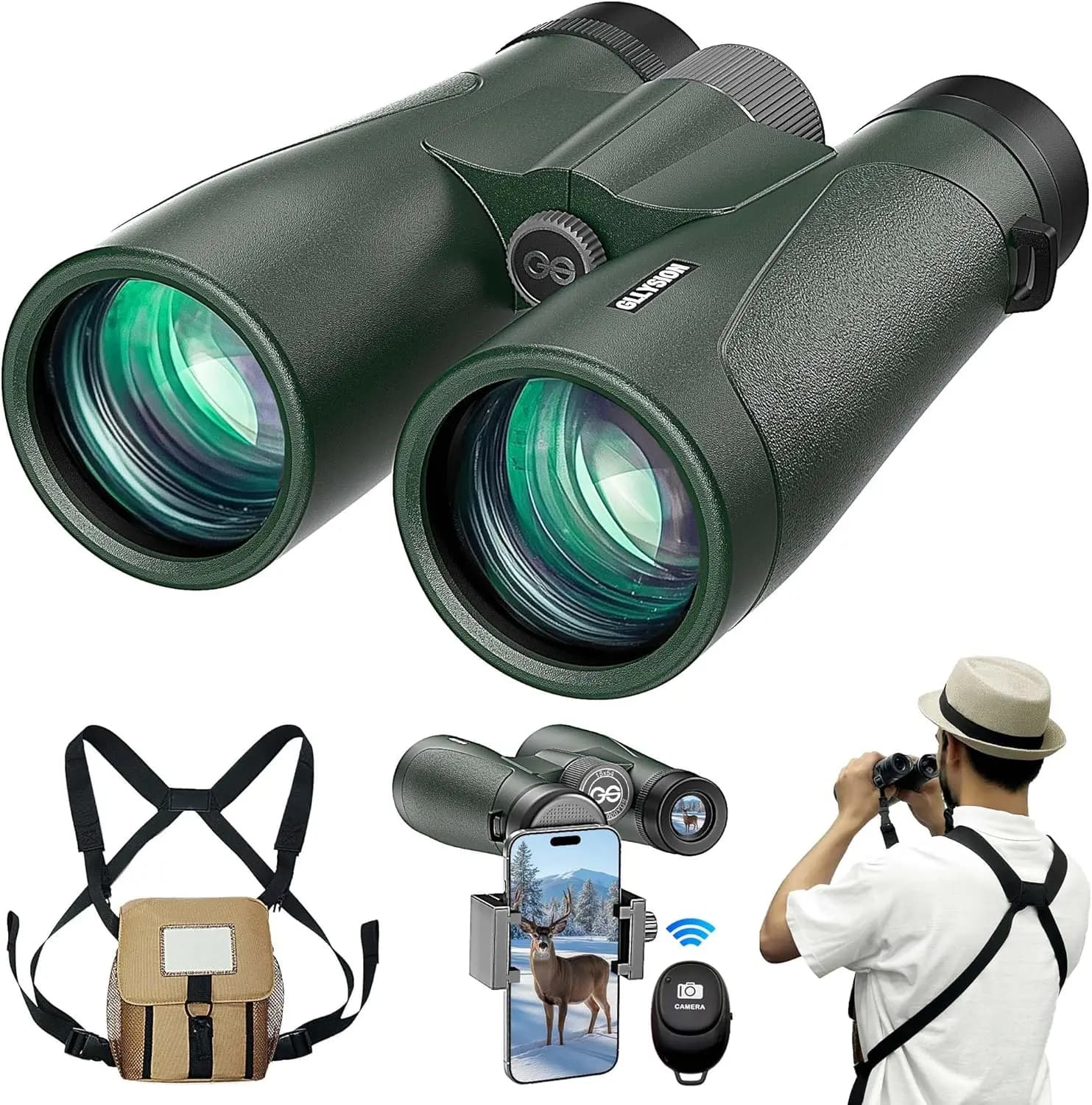 Binocolo ad Alta Potenza 15x54 con Cinghia, Adattatore per Telefono e Telecomando Bluetooth - Impermeabile per Birdwatching, Escursionismo, Viaggi