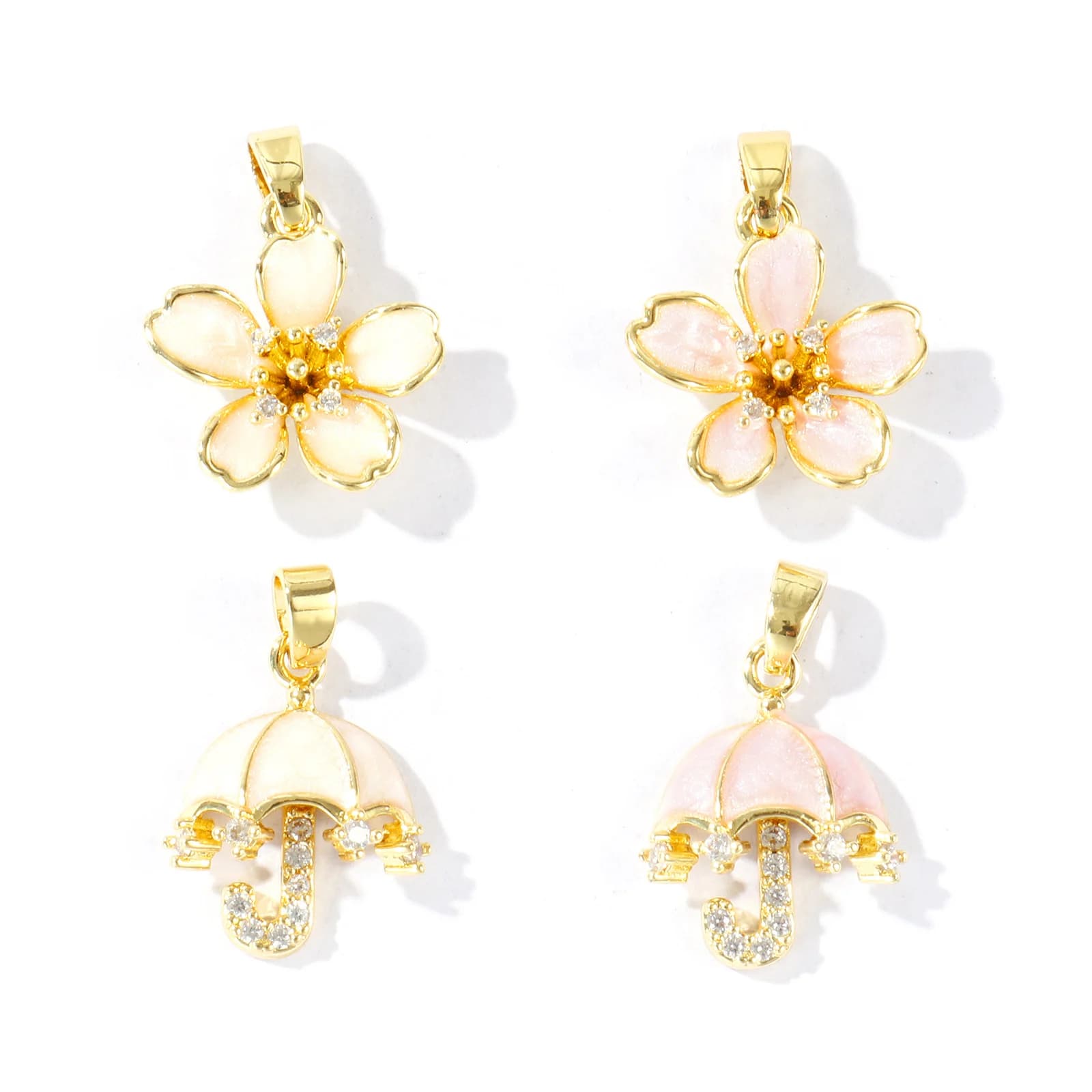 2 pz Ciondoli Placcati Oro 18k con Zirconi Trasparenti, Perle, Ombrello, Fiore, Seme di Melone, Fibbia in Ottone per Creazione Collane Fai da Te
