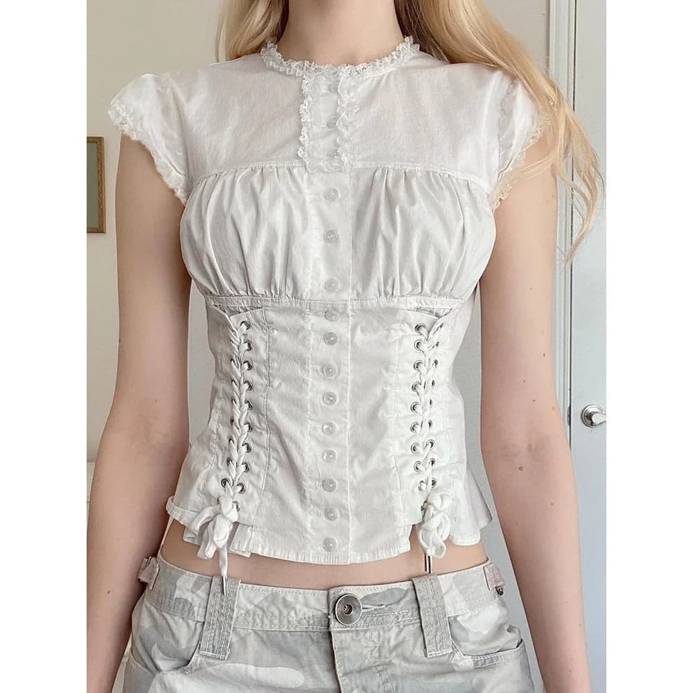 Summer New Style Courtly Design Lace Splice round Neck Shirt Chicken Eye Fly Sleeve String Design Individual Personality Wome...