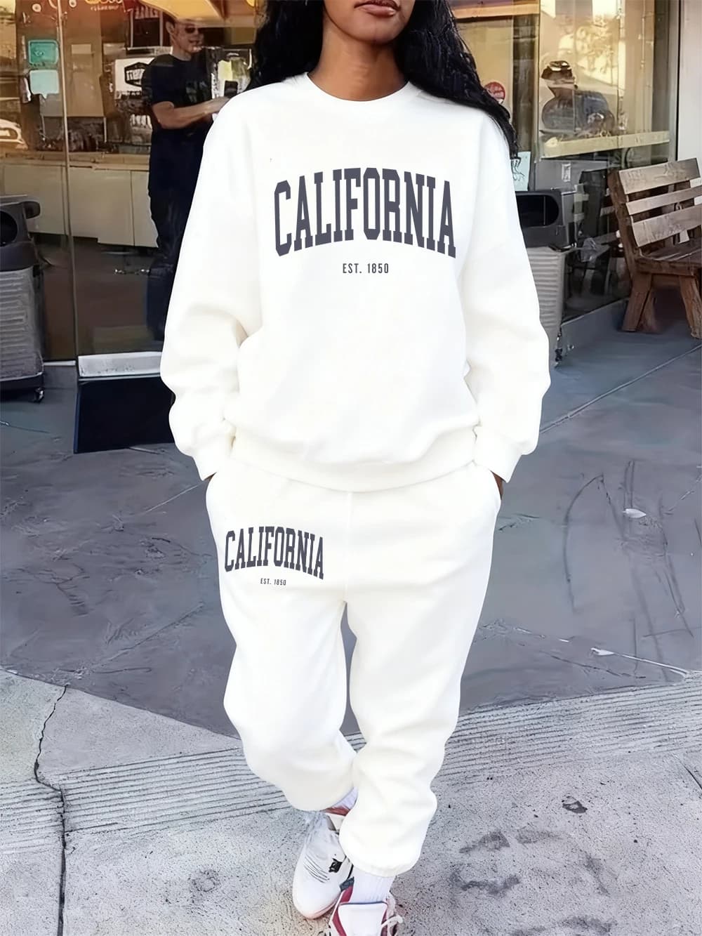 2 pezzi felpe con cappuccio set donna California 1850 lettera stampa pantaloni sportivi tasca in pile felpa abiti da jogging abiti invernali larghi