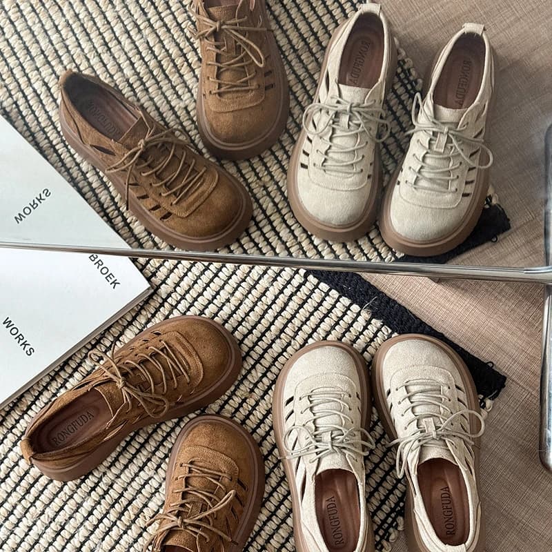 Women's Hollow out Flat Soft Leather Shoes Summer New Style Breathable Knot Roman Shoes Versatile Comfortable round Toe Sandals