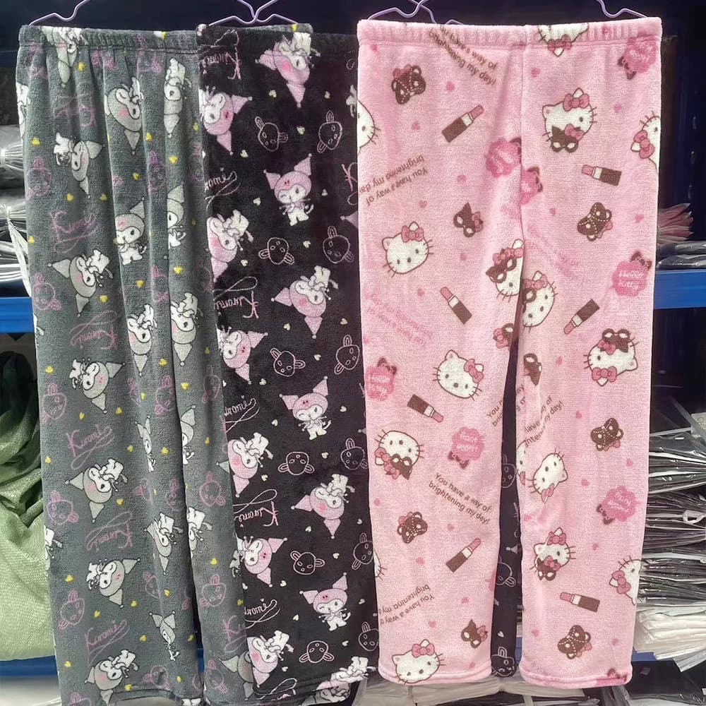 Pantaloni da Casa in Peluche Sanrio Kawaii Kuromi Y2K Anime per Donne, Pantaloni Pigiama Invernali Hello Kitty Cartoon, Caldi e Spessi, Regalo Carino e Dolce per Ragazze