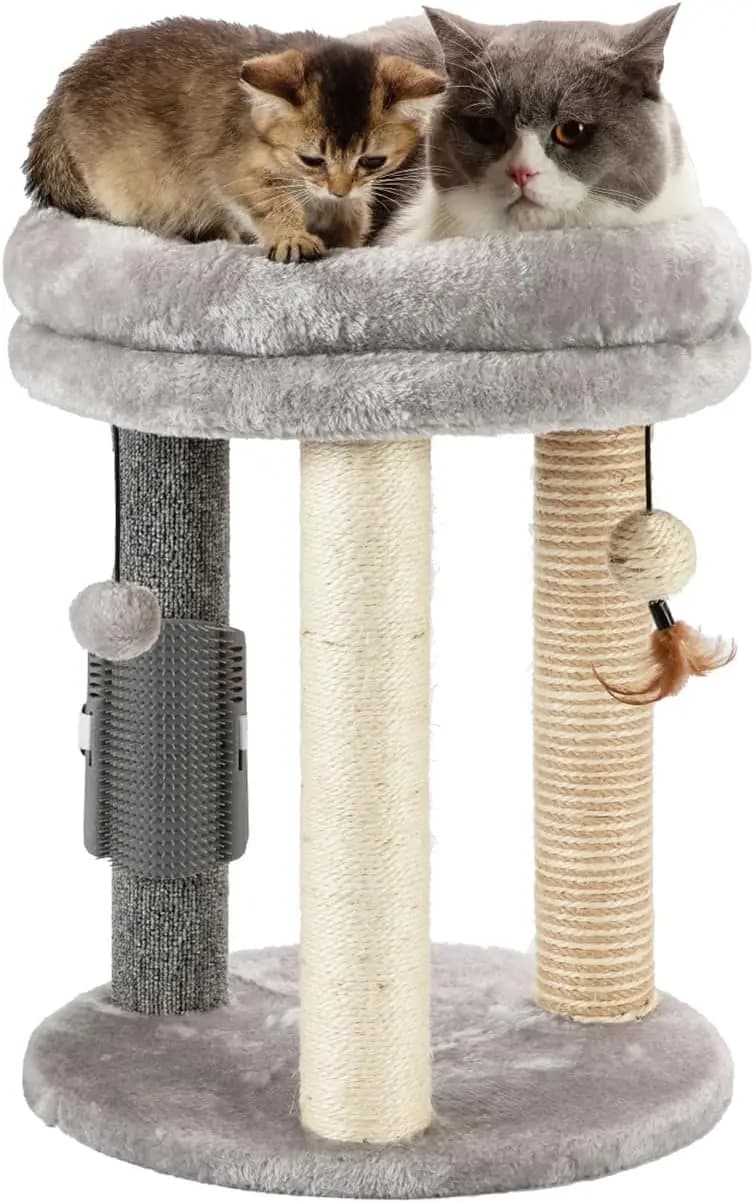Albero per Gatti 4-in-1 con Tiragraffi, Cuccia Morbida, Giocattoli Sospesi e Spazzola Massaggiante per Gatti e Gattini da Interno
