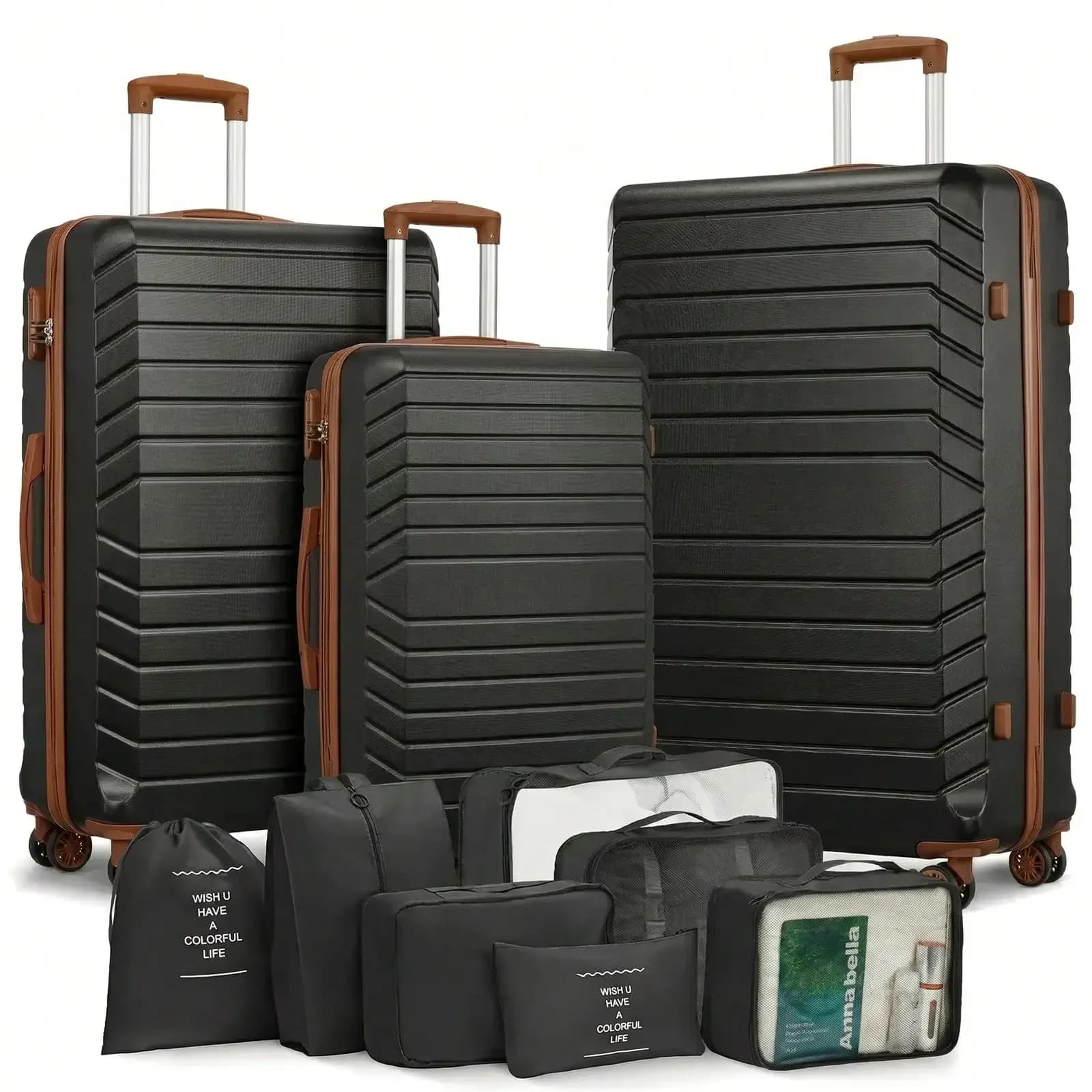 Set di Valigie 10 Pezzi, Valigie Rigide con Ruote Girevoli, 20/24/28 Pollici, con 7 Borse Organizer per Viaggio, Leggere