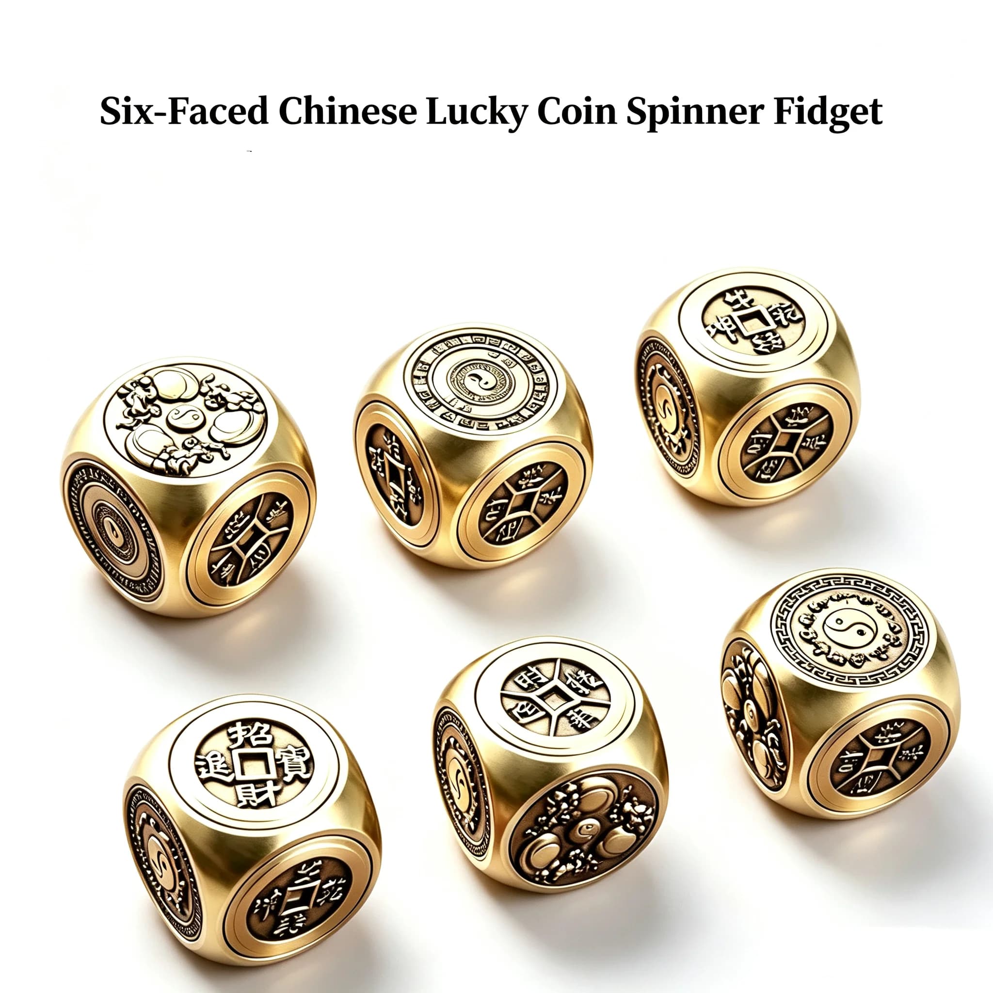 Brass 6-Sided Chinese Lucky Coin Spinner Fidget Dice, Feng Shui Fortune & Wealth Toy, Stress Relief Anxiety Decompression Gadget