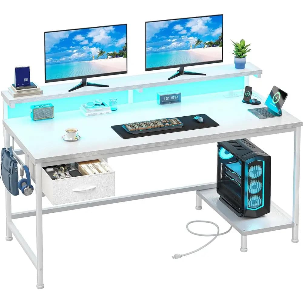 Supporto Ergonomico per Monitor, Scrivania da Gaming 47.2 con Cassetto, Presa di Corrente, Luci LED, Ideale per Spazi Ristretti, Bianco
