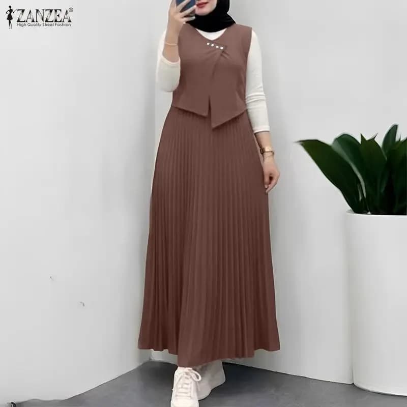 ZANZEA Muslim Fashion Women Maxi Dress Layered Design Color-Blocked Patchwork Pleated Long Dresses Islamic Hijabs Abaya Robes