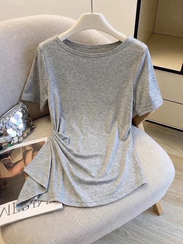 Gray Lazy Style Women's T-shirt Short Sleeve Waist-Cinching Summer New plus Size Irregular Top Korean Version Loose Fit