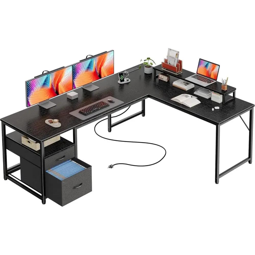 Scrivania a L da 63 pollici con prese di alimentazione e USB-C, cassetti in tessuto regolabili, supporto per monitor mobile, ampio spazio di archiviazione, ideale per il gaming, lavoro e altro.